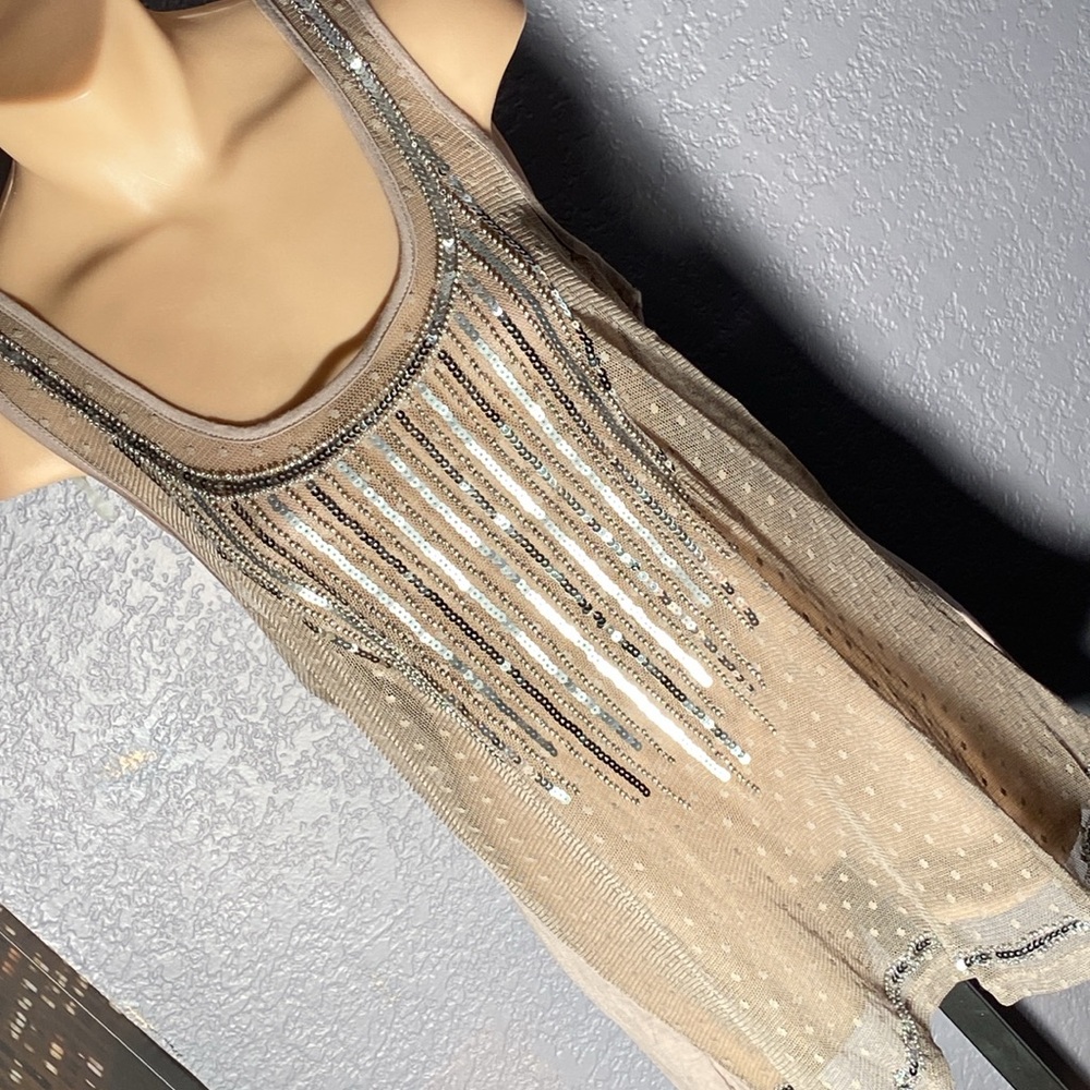 VANITY - NWT - tank: beige sheer mesh w beads & sequins, solid rear - L
